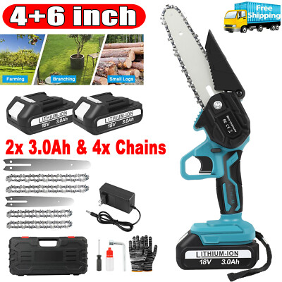 4+ 6 inch Electric Mini chainsaw 2X 3Ah Battery & 4X Chain Cordless Handheld Saw