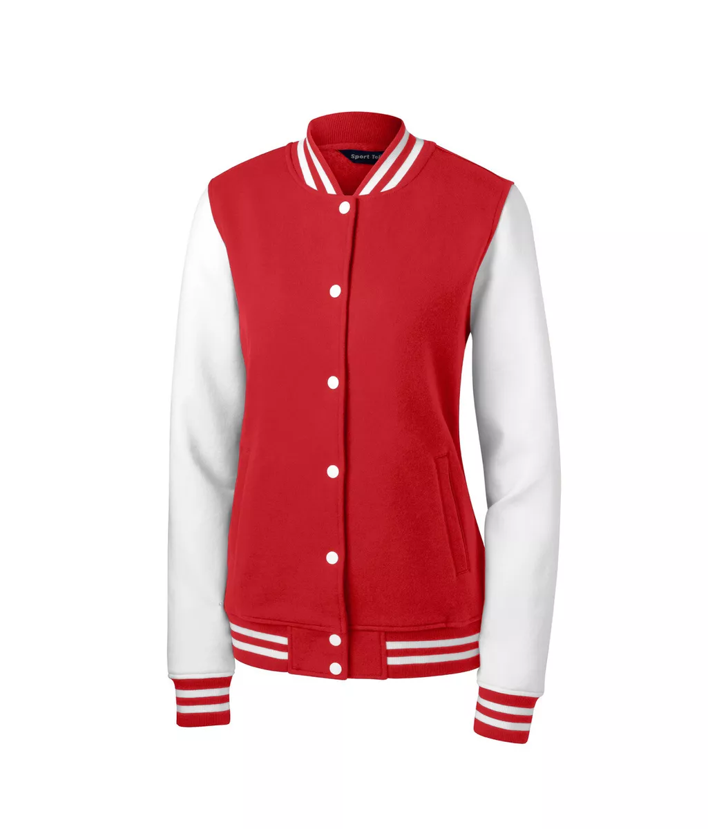 Ladies Fleece Letterman Jacket Red White Sleeves Plus Size 3XL