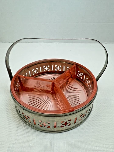 Vintage Pink Depression Glass 3 Part Divided Relish Dish W/ Metal Holder Handle