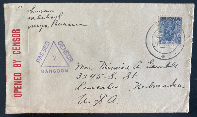 1940s Burma Censored cover To Lincoln NB Usa