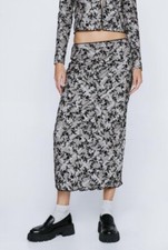 🖤 Nasty Gal Khaki Grey Black Floral Flocked Midi Maxi Skirt 14 42 BNWT