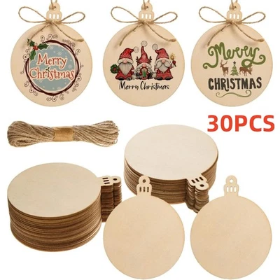 NEW-YIJUNSHUN 30Pcs Christmas Wooden Baubles Blank Round Wood Slices Wood Hanging Ornaments