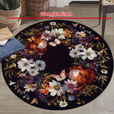 Large Round Non-Slip Mat-Machine Washable Black Golden Floral Mat w/Multicolo