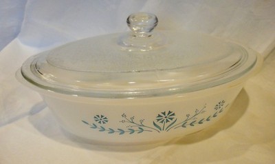 VTG Glasbake MCM Aqua  Blue Daisy  1 Qt Oval Baking Casserole Dish w Lid J235