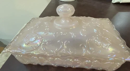 Vintage  Fenton Iridescent Pink Rectangular Covered Box Butterfly Pattern