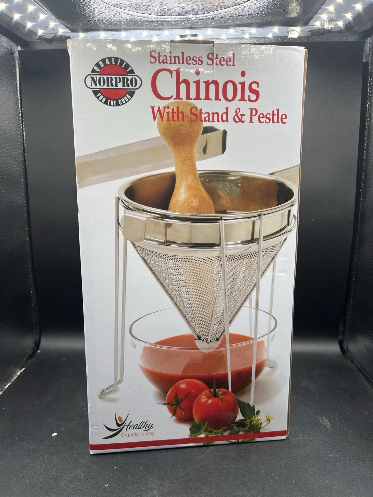 Norpro Stainless Steel Chinois w Stand & Wooden Pestle Sauce Strainer