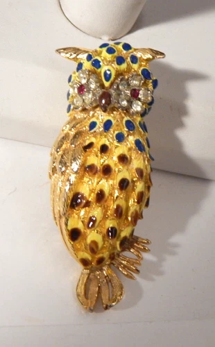 Vintage Signed ART Owl Brooch Pin BIG  1960s with  rhinestones Costume Jewelry