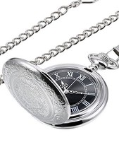 Men's Quartz Pocket Watch with Black Dial and Chain Silver