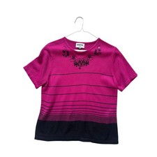 Kasper Vintage 90s Sweater Pink Black Stripe Floral Short Sleeve, Size 12 Petite