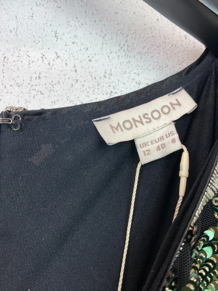 Monsoon Green Black Sequin Bodycon Knee Length Dress Long Sleeve UK12 NEW - Image 3 of 4