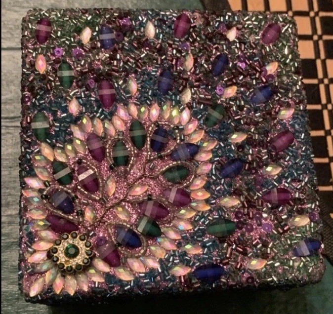 Colorful Beaded Jewelry Trinket Box Purple Green Blue Peacock colors 