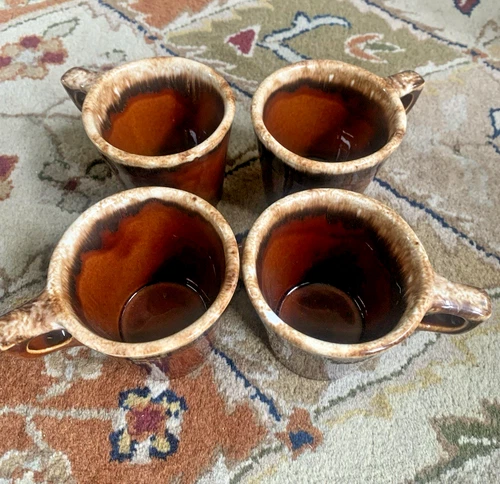 Vintage Hull Pottery Brown Drip Glaze Oven Proof USA Coffee Cup Mug - set of 4