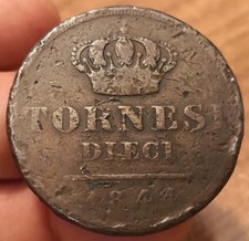 Moneta 10 Tornesi 1844, 3 Tipo, Due Sicilie Ferdinando II, Rarissima R3,Rif.9528