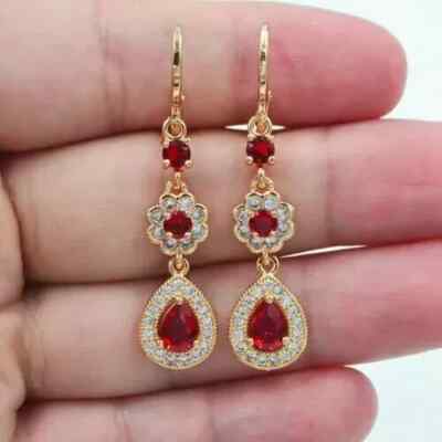 2.5Ct Round Cut Lab Created Ruby Teardrop Fancy Earring 14k Yellow Gold Plated