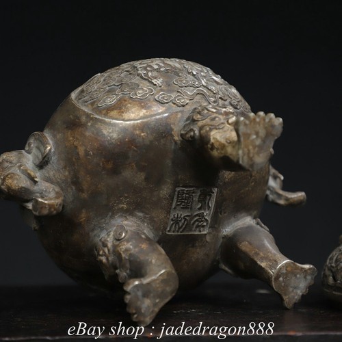 7.6" Qianlong Marked Silver Beast Statue 2 Elephant Head Handle 3 Leg Censer - Picture 9 of 9