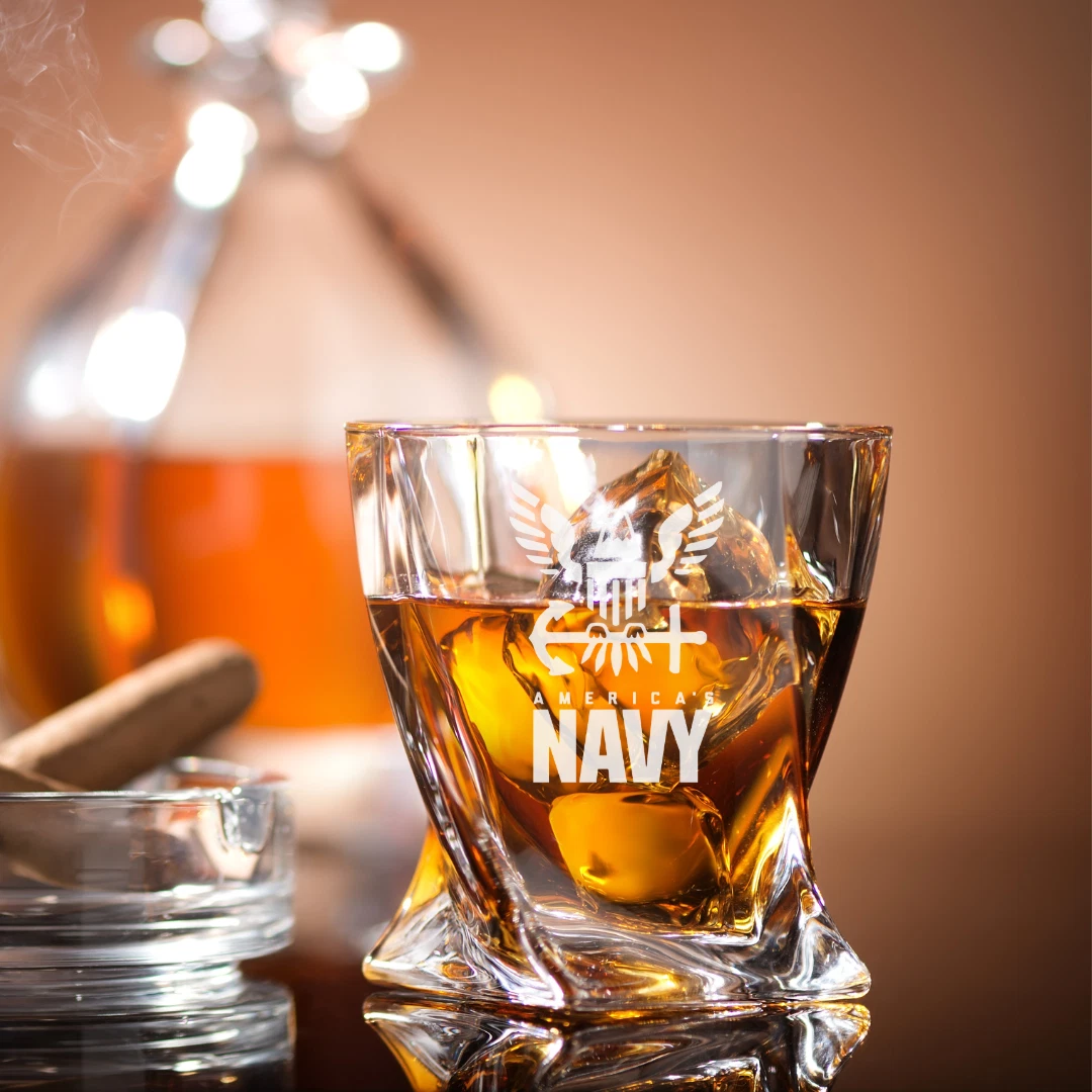 Engraved US Navy Whiskey Glass – Twisted Rocks Glass