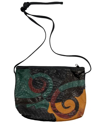 CARLOS FALCHI Black Leather Reptile Handbag Purse Multi Swirl Made In USA Vtg