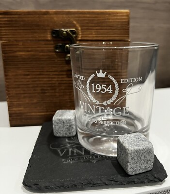 Whiskey Stones, Stone Coaster, Glass, & Case Set Aged to Perfection Ltd Ed 1954