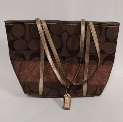Coach Signature Stripe Brown Canvas Small Satchel Authentic Style