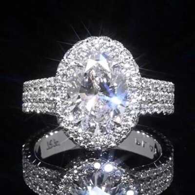 2.34TCW Oval Cut Moissanite Halo Engagement Wedding Ring 14k White Gold Plated