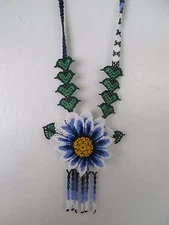 HUICHOL BEADED NECKLACE handmade MEXICO indigenous FOLK ART blue purple FLOWERS 