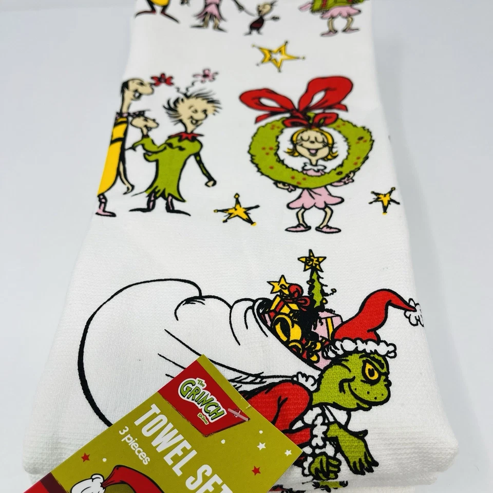 Dr. Seuss The Grinch Pacote com 3 Toalhas de Cozinha de Mão Natal Papai Noel Chapéu The Whos NOVO - Imagem 2 de 4