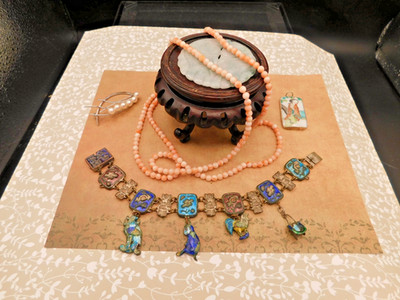 Estate Oriental jewelry lot coral bead Antique Chinese bracelet silver pearl pin