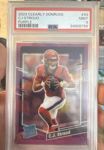 2023 Panini Clearly Donruss Rated Rookie CJ Stroud 93 Purple 189/199 (RC) PSA 9