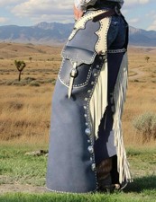 Blue Leather Cowboy Chaps with Cream Fringe: Handmade Western Ranch Wear