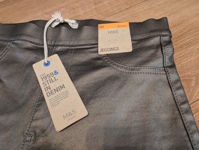 M&S Size 10 Short Bronze Shine Denim leggings Trousers stylish wax look NWT