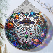 Stained Glass UFO and Alien Christmas Ornament - Holiday Home Decor - Tree Decor