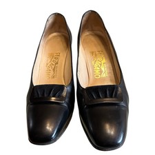 Salvatore Ferragamo Pumps 8 AA Black Leather Ruched Buckle Heels