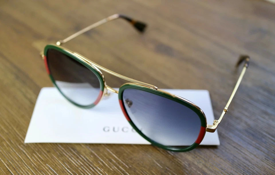 Gucci GG0062S‑003 Aviator|Gold Frame Green‑Red Web Stripe Gray Gradient Sunglass