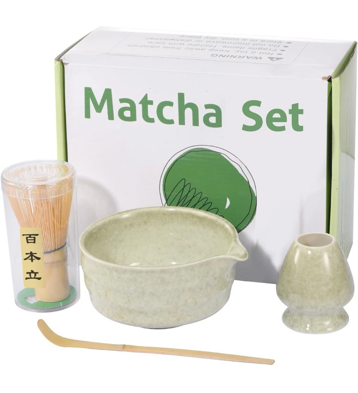 4 Pc. Matcha Whisk Set-Japanese Tea Ceremony Kit w/ceramic Bowl, Bamboo Chasen