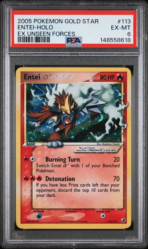 2005 Pokemon Entei Gold Star EX Unseen Forces #113/115 PSA 6 (NEW CERT+ SWIRL)