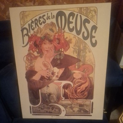Art Nouveau *BIERES de la MEUSE by Alphonse Mucha Poster on Hard Board 20 x 16 