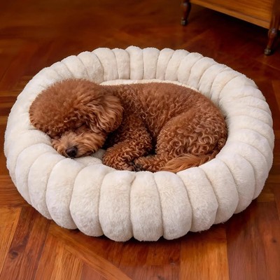 Donut Dog and Cat Bed, Luxurious Comfortable Faux Rabbit Fur Pet Beds, Round Ant