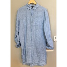 SAKS FIFTH AVENUE Blue Linen Button Front Shirt Dress Rolled Sleeves Size S