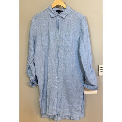 SAKS FIFTH AVENUE Blue Linen Button Front Shirt Dress Rolled Sleeves Size S
