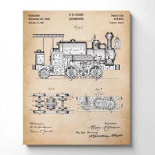 Train Wall Decor, Train Decor for Boys, Vintage Locomotive Patent Canvas Print