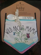 Rae Dunn Baby Set 2 Bandana Teether Baby Bibs & Spoon "WILD ABOUT MAMA" NWT