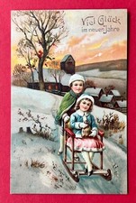 Embossed Print Congratulations Postcard New Year 1913 Children with Sleigh (153162