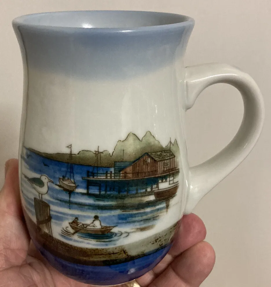 Studio Art Pottery Handcrafted Coffee Cup Mug Jetty in Bay w/Boats Seagulls  EUC!