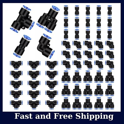 60 Pcs Push to Connect Fittings Air Line Pneumatic Kit Quick Release 1/4'' Od,NEW