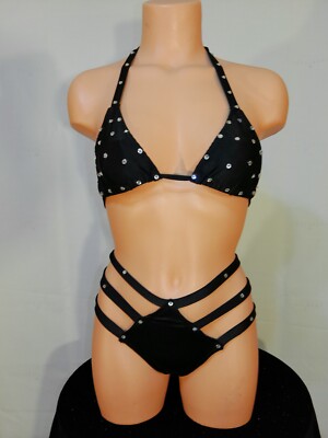 Exotic dancer stripper medium black two piece bikini dance outfit-dancewear