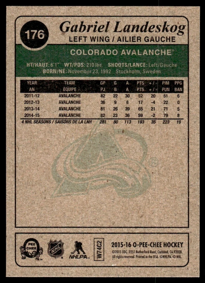 2015-16 O PEE CHEE RETRO Gabriel Landeskog Colorado Avalanche #176 - Image 2 of 2