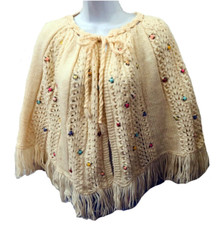 Smiths Bermuda VTG 70s Ivory Knit Fringe Rose Tie Wool Cape Poncho England Cute 