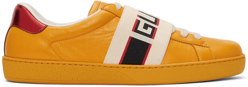 Gucci Mens Yellow New Ace Elastic Band Leather Flat Low Top Lace Sneakers G 6 7