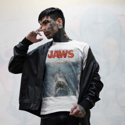 JAWS Distressed Spielberg Retro Filmplakat T-Shirt - Riesiger Druck! (S - 3XL)