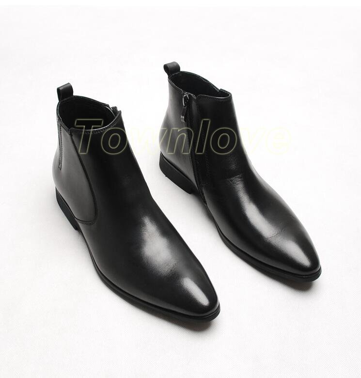 Men Real Leather Pointed Toe Ankle Boot Zipper Dress Shoes Chelsea